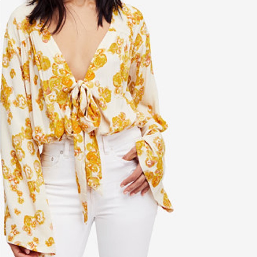 Free People - Forties Feels Yellow Floral Print Tie-Front Bodysuit, Size Small